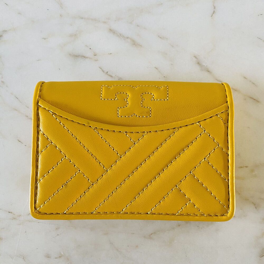 TORY BURCH Alexa Solid Yellow Soft Quilted Leather Flap Mini Wallet